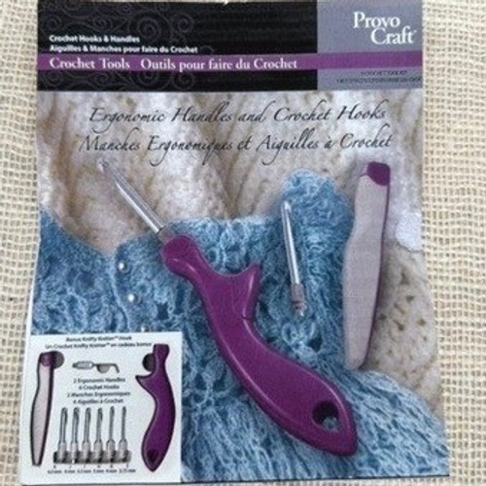 Provo Craft Ergonomic Crochet Hook Set 6 Hooks 2 Handles Purple Travel Case